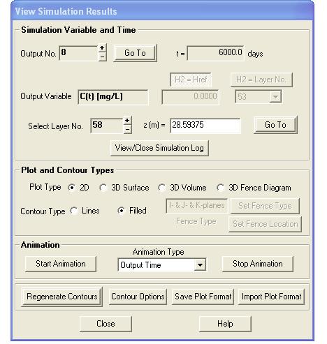 Output Time dialog. You may also use the + / - buttons to toggle through the output times. Under Plot and Contour Types you see that 2D (i.e., two-dimensional) plots are the default.