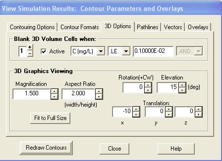 Figure 21 Select the 3D Option tab in the Contour Parameters and Overlays dialog (Figure 21). Activate the first blanking parameter (click checkbox) and select C (mg/l) as the blanking parameter.