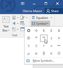 Locate and select the Symbol command, then choose the desired symbol from the drop-down