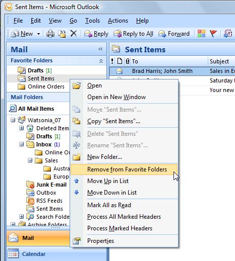 Folders pane at the top of the Navigation Pane Now using the right mouse click add the Drafts folder and Sent Items folder to the Favourite Folders Notice that both folders are now located in the