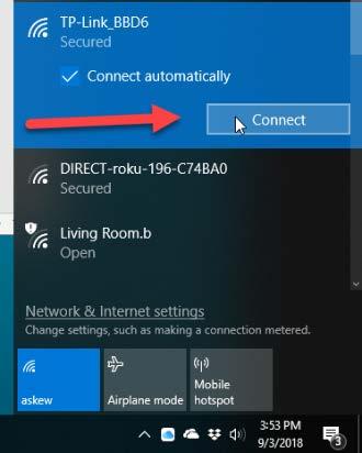 Left click the WiFi symbol in the Windows system tray (normally in the lower-right corner of the Windows desktop), select the SSID for the TP-Link router, click the Connect button, type in the router