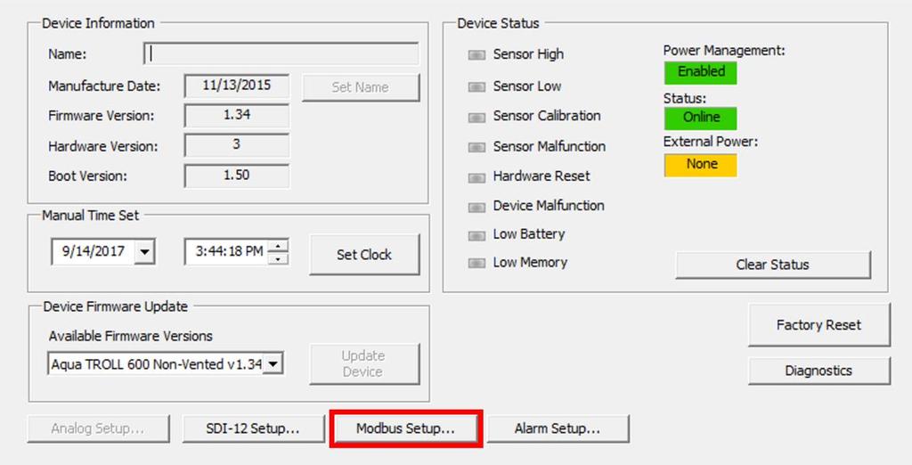 To verify the AquaTroll serial communications settings, and/or to configure for multi-drop Modbus, select the configuration tab.