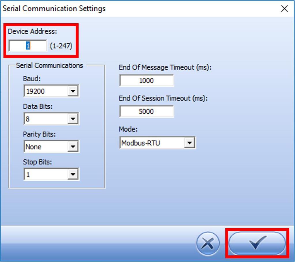 This will bring up the Serial Communication Settings window. Verify that the settings match the settings above.