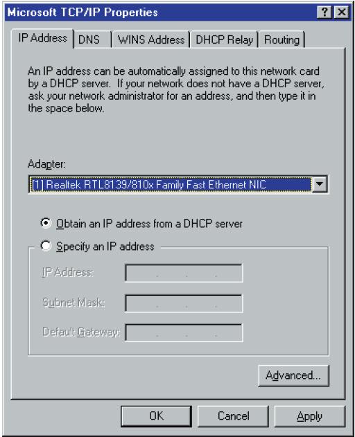 b) Click Properties, the window below will appear: Select the network card on your system from Adapter field.