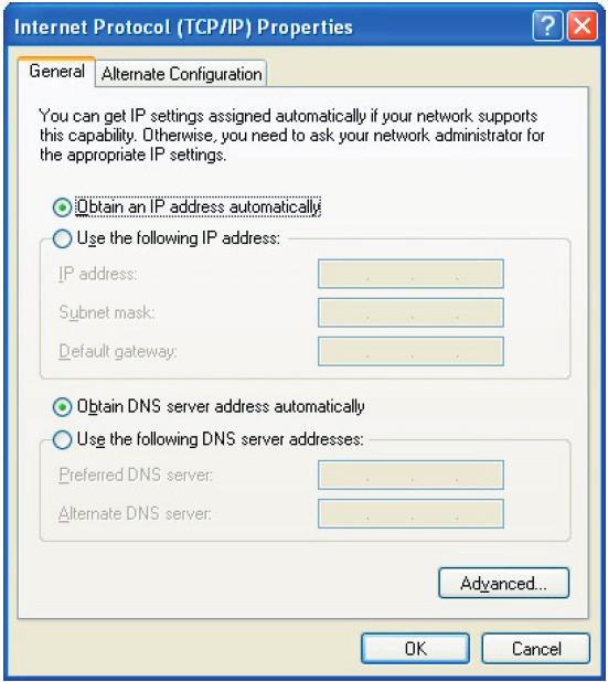 b) Select Internet Protocol (TCP/IP) then click Properties, the following window will appear. If you decide to use IP address from the router, select Obtain an IP address automatically.