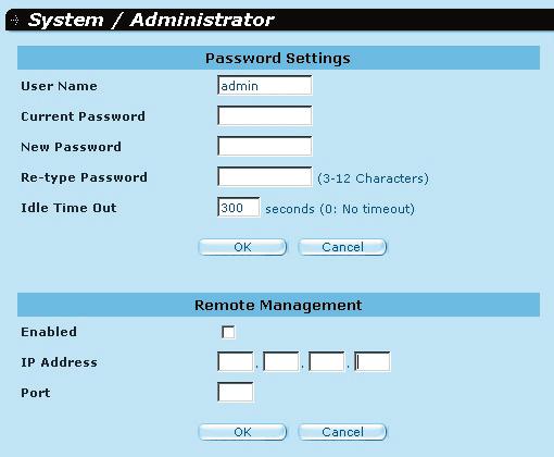 3.3.3 Administrator Settings Use this menu to restrict management access based on a specific password. By default, the password is admin.