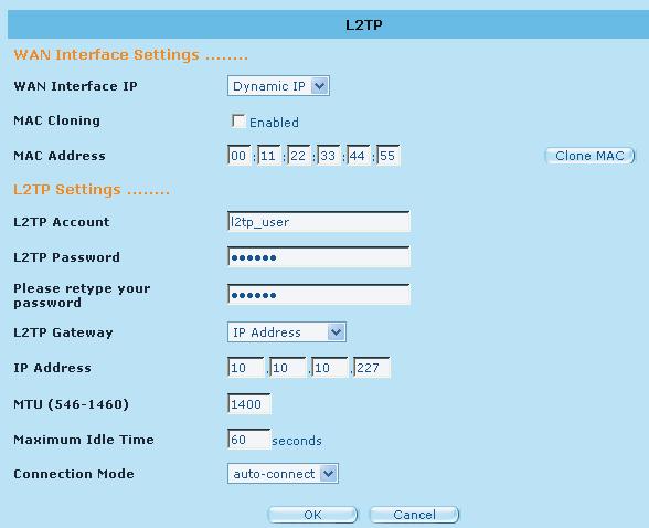L2TP Account: Enter the L2TP Account provided by the ISP. L2TP Password: Enter the password provided by the ISP. Please retype your Password: Retype the password for confirmation purposes.