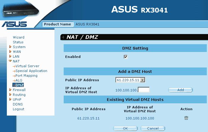 use this option as a last resort. RX3041 Router User's Manual DMZ (Demilitarized Zone): Enable/disable DMZ.