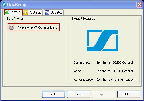 With the Sennheiser SC 230 USB CTRL or the Sennheiser SC 260 USB CTRL headsets connected to the PC and after launching Avaya One-X Agent, the Status tab will show the program as running
