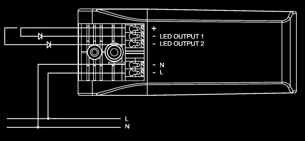 The L05020 series drivers are not designed to switch the LEDs directly on/off in the secondary power line.