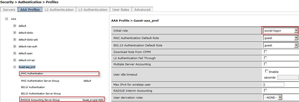 Modify the AAA profile The final step on the Aruba wireless LAN controller is to use the newly created role for initial access.