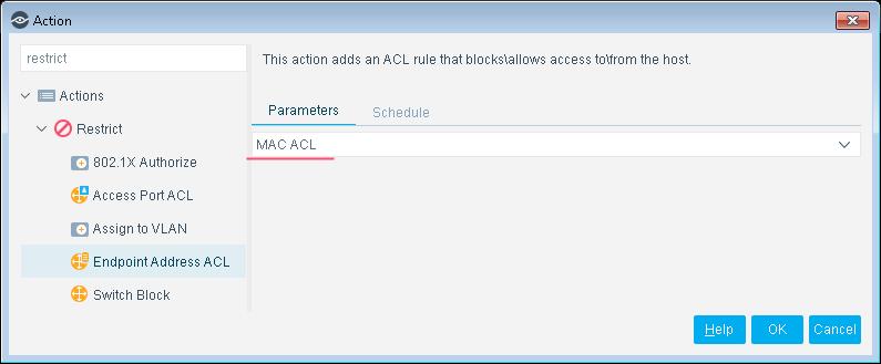 At any given time, only one ACL action, either the Access Port ACL action or the Endpoint Address ACL action, can be enabled for use.
