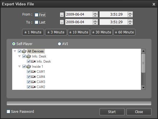 Network Video Recorder Exporting as a Self-Player File The recorded video is exported as a self-player file (.exe). Playing Self-Player File From, To: Enter the date and time of video to export.
