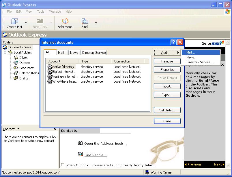 Otvaranje novog mail računa U Outlook Expressu u izborniku kliknite na Tools Accounts.