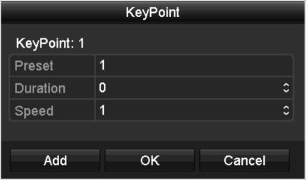 Figure 3-4 Key point Configuration 4. Configure key point parameters, such as the key point No., duration of staying for one key point and speed of patrol.