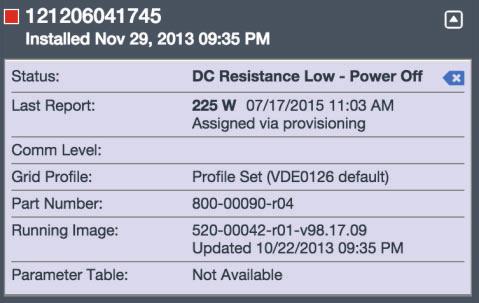 Click Reset DC Resistance Low - Power Off Sensor. The system displays, A DC Resistance Low- Power Off reset task was issued on [date and time] for this microinverter and is still pending.