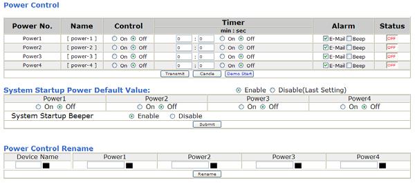 Power Controls The Power Controls page allows you to control the power Power Control Power No: This section shows the outlet of the output that you would like to control Name: If the output has been