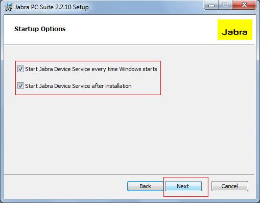 Select Start Jabra Device Service every time Windows starts and Start Jabra Device service after