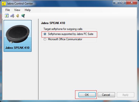 From the Windows start menu choose Programs Jabra Jabra Control Center. Check that Softphones supported by Jabra PC Suite is selected. Click OK to accept this setting.