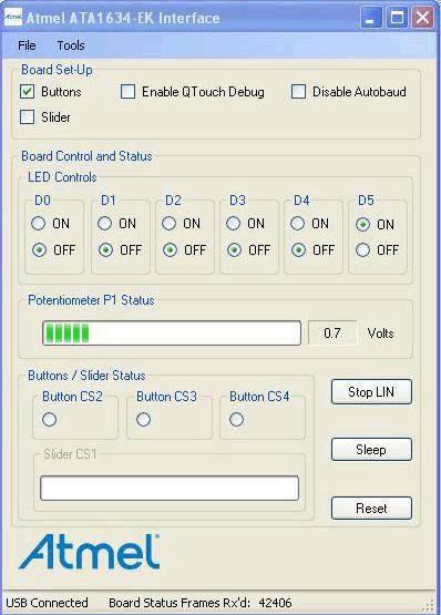 Figure 5-2. Atmel ATA1634-EK Interface Main Window Note: When the USB is properly connected, the USB Connected message appears at the bottom of the GUI window as shown in Figure 5-2.