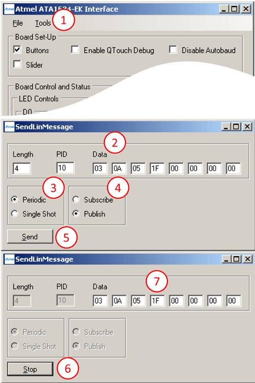 Figure 6-4. Screen 4 Send LIN Message Tool 1. Launch from the application tools menu Send LIN message 2. Field for entering the message length, PID and data. All fields are hexadecimal values. 3.