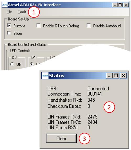 Figure 6-5. Screen 5 Status Tool 1. Launch from the application tools menu Connection status 2.