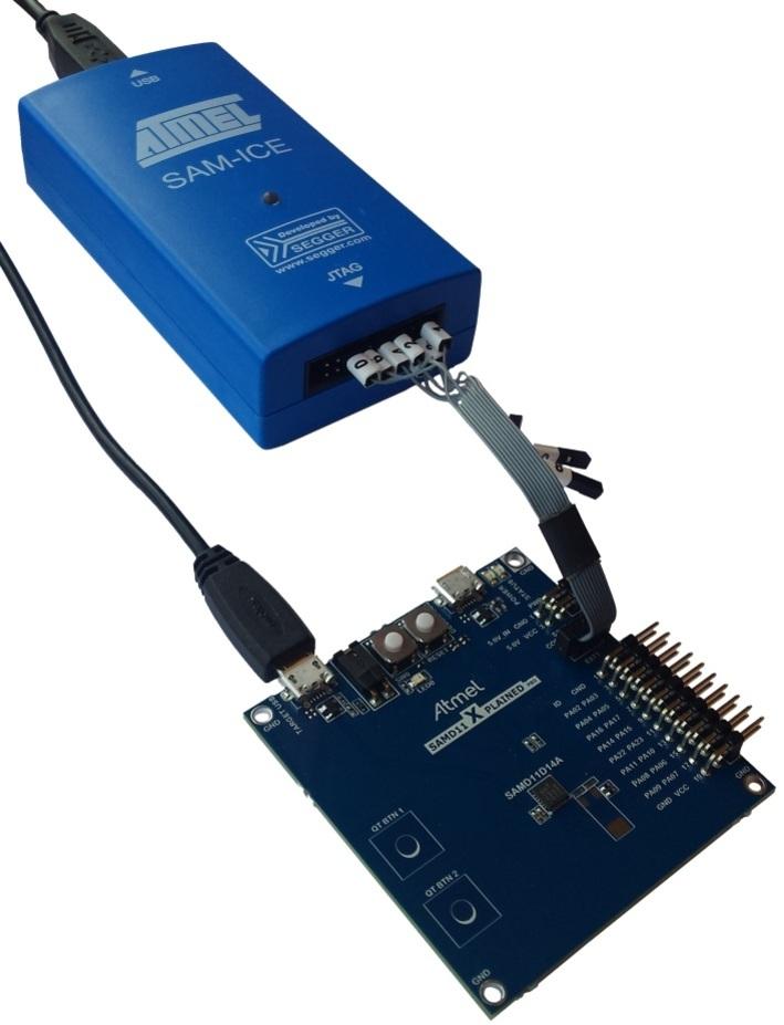 7.2 Connecting External Debuggers to an Xplained Pro Board The Xplained Pro kits that features a 10-pin 50mil debug connector can use external debug tools like SAM-ICE or Atmel-ICE instead of the