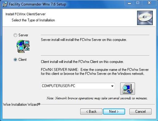 Chapter 6: Installing Facility Commander Wnx Software on additional clients Figure 79: Select Typical Client Type of Installation 3. At the Install FCWnx Client/Server window, select Client.