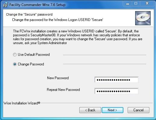 Chapter 6: Installing Facility Commander Wnx Software on additional clients Figure 82: Change the Secure Password window 7.