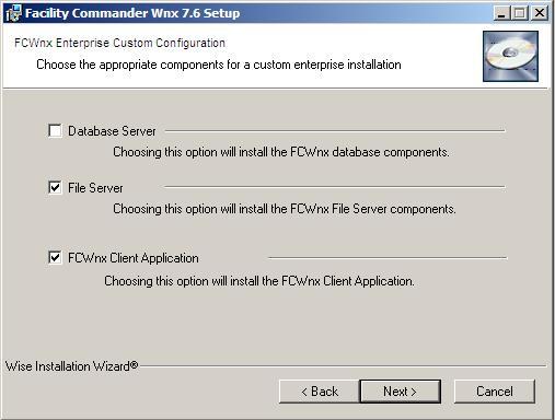 Chapter 3: Installing Facility Commander Wnx Enterprise Edition Server Figure 54: FCWnx Enterprise Custom Configuration - File Server and FCWnx Client Application 5. Click Next.