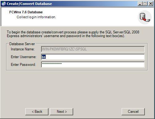 Chapter 3: Installing Facility Commander Wnx Enterprise Edition Server Figure 62: Create/Convert Database window 2. Enter the SQL Server password for the sa user.