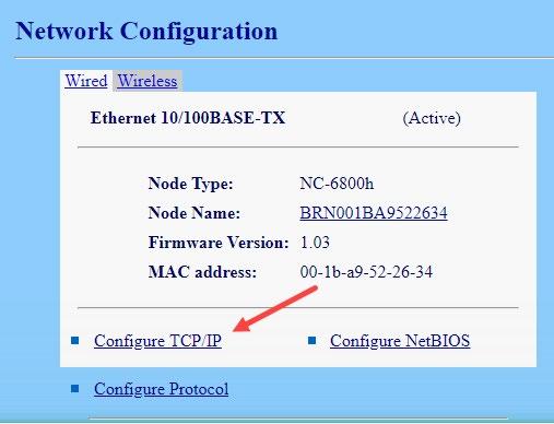 7. The Network Configuration dialog appears. Click on Configure TCP/IP : 8. Manually assign an IP address outside the DHCP range of the Tax-Aide router.