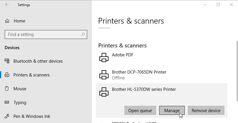 6. If you wish to rename the printer, press Home in the upper-left corner of the Settings dialog, then select Devices again, then Printers and Scanners Locate