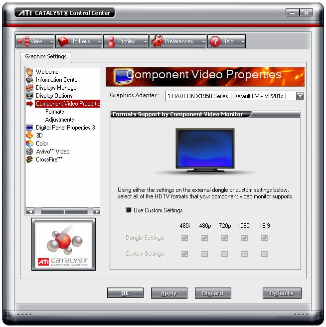 7.3 Component Video Properties Chapter 7: Software Installation The Component Video Properties aspect of the Catalyst Control Center adds further support when using the ATI HDTV