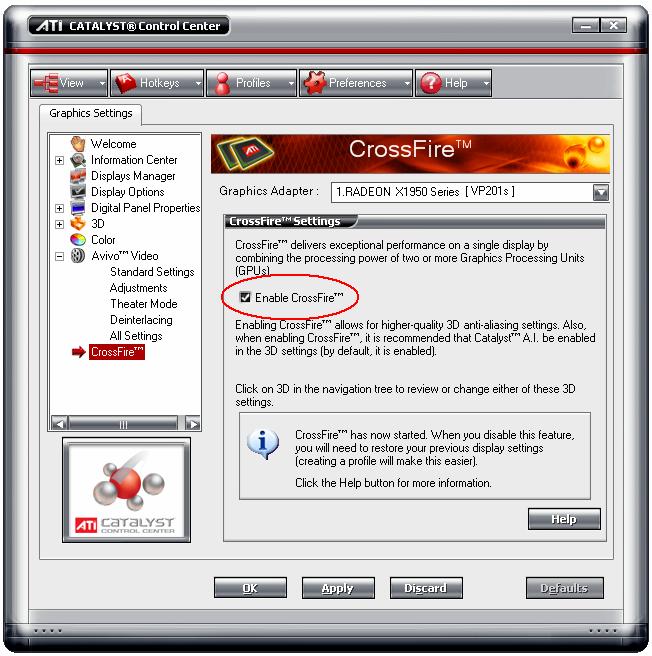 RADEON X1950 CrossFire Edition User Manual To access CrossFire Select CrossFire in Advanced View. Enable CrossFire 1. Click CrossFire in Advanced View. 2. Click Enable CrossFire.