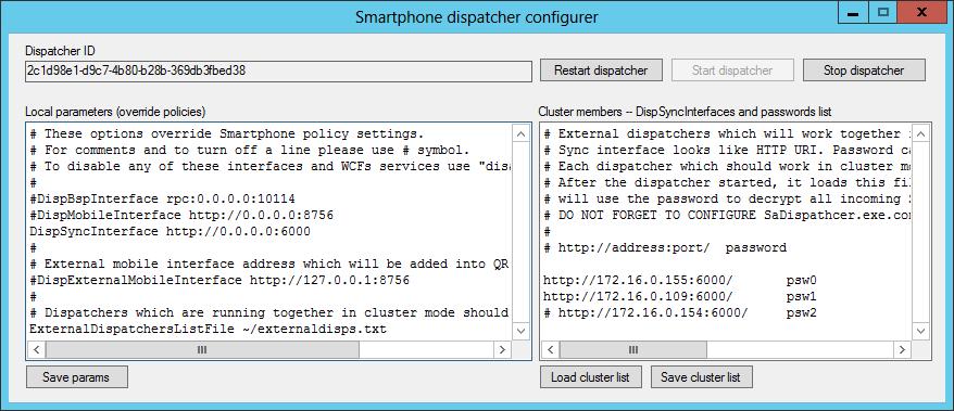 The Smartphone dispatcher configurer contains the same configurable parameters as the SaService.exe.config file.