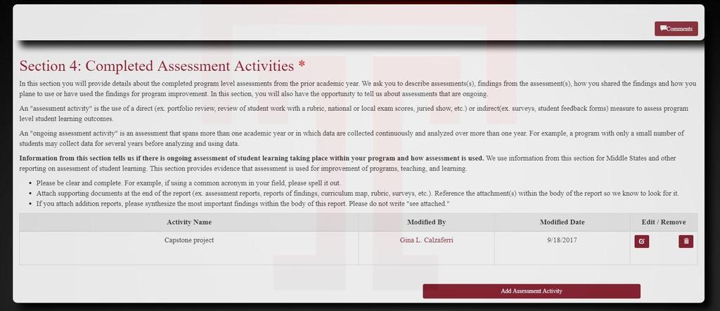 f. Complete Section 4: Completed Assessment Activities i. Click Add Assessment Activity ii. Select the SLOs assessed by this activity iii.