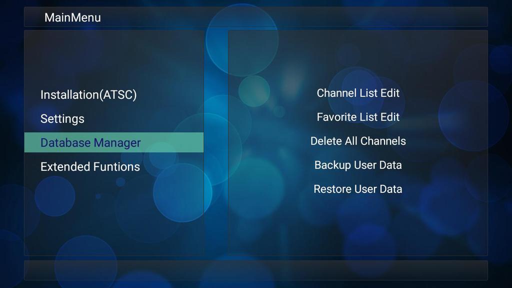 DATABASE MANAGER CHANNEL LIST EDIT: Brings up a list of all channels found by the box.