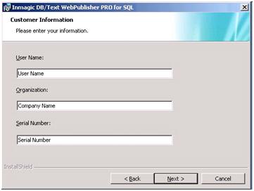 11. Enter your user name, company name, and the DB/Text for SQL serial number, and click Next. 12.