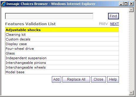 4. Click the first Edit Record link (in the 1935 Ford row). 5. Click the Features link. The Inmagic Choices Browser should look like the following example.