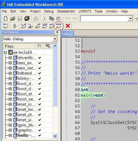 2. From here, you can examine and modify memory, program variables and processor registers, set breakpoints, step, and perform other typical debugging activities.