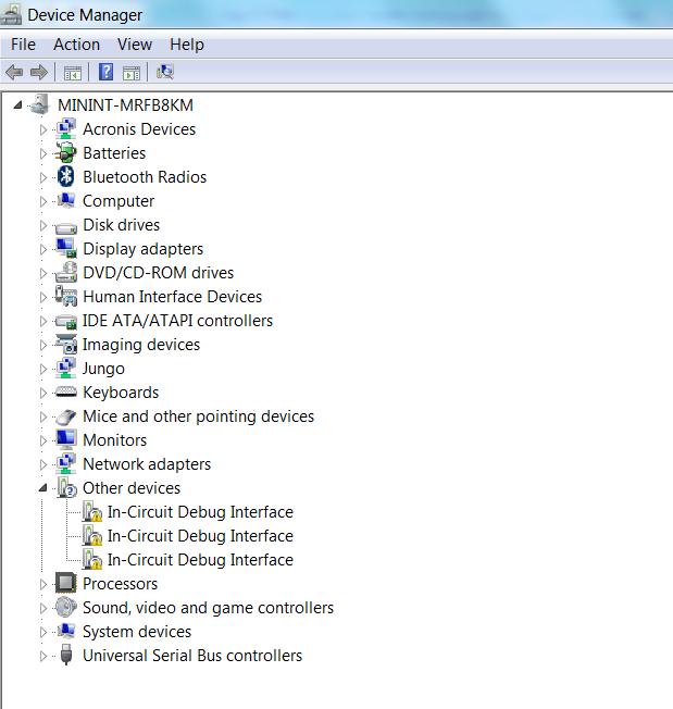 On your computer, open Device Manager. You may note three unknown In-Circuit Debug Interface icons Figure 2.