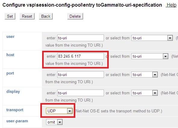 The Configure vsp\session-config-pool\entry togamma\to-uri-specification page is displayed.