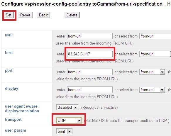 The Configure vsp\session-config-pool\entry togamma\from-uri-specification page is displayed.