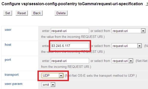 The Configure vsp\session-config-pool\entry togamma\request-uri-specification page is displayed.