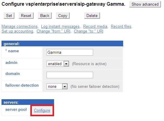 The Configure vsp\enterprise\servers\sip-gateway Gamma page is displayed.
