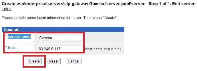 The Create vsp\enterprise\servers\sip-gateway Gamma.\server-pool\server - Step 1 of 1: Edit server page is displayed.