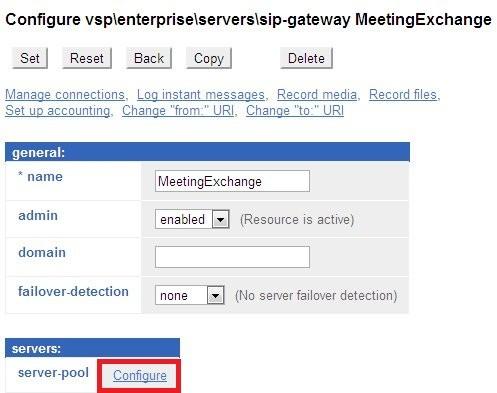 The Configure vsp\enterprise\servers\sip-gateway MeetingExchange page is displayed. Under servers: server-pool select Configure.