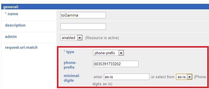 The Configure vsp\dial-plan\route togamma page is displayed. Under request-uri-match -> type select phone-prefix from the drop-down list box.