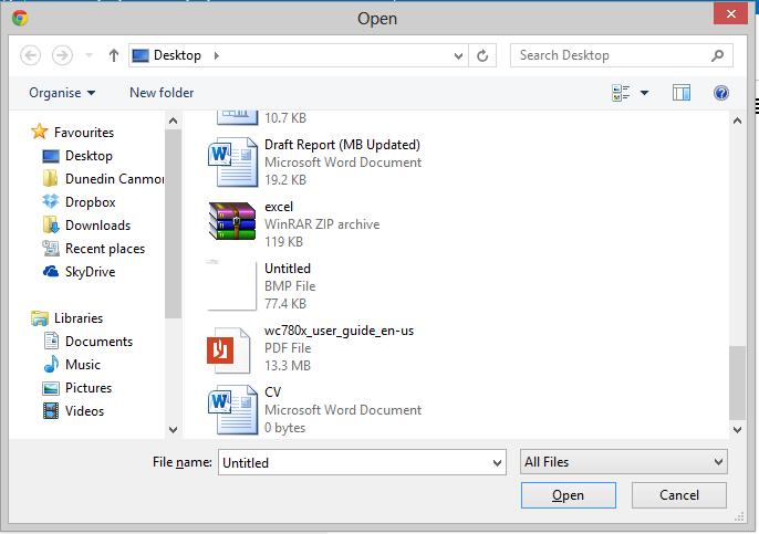 4. An Open box will appear. Click on Desktop from the side menu and then locate the file called CV in the file list.